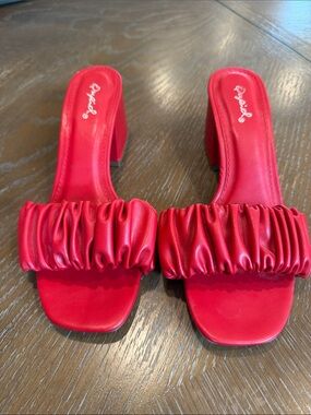 Qupid Red Ruched Slide Sandals